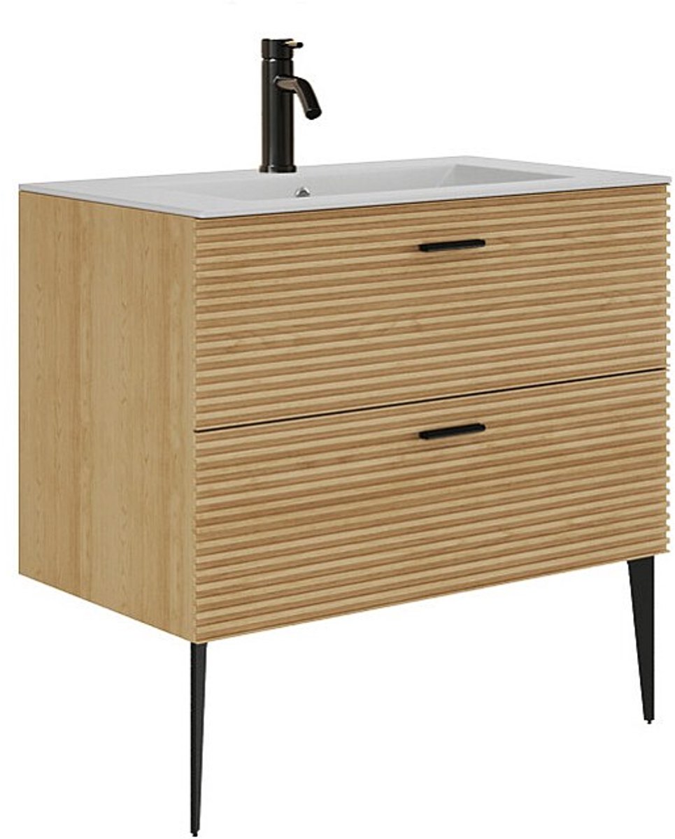 Vente-unique Gestreepte badkamermeubel op pootjes met inbouwwastafel en kraan - 2 lades - Licht naturel - 80 cm - SARONE