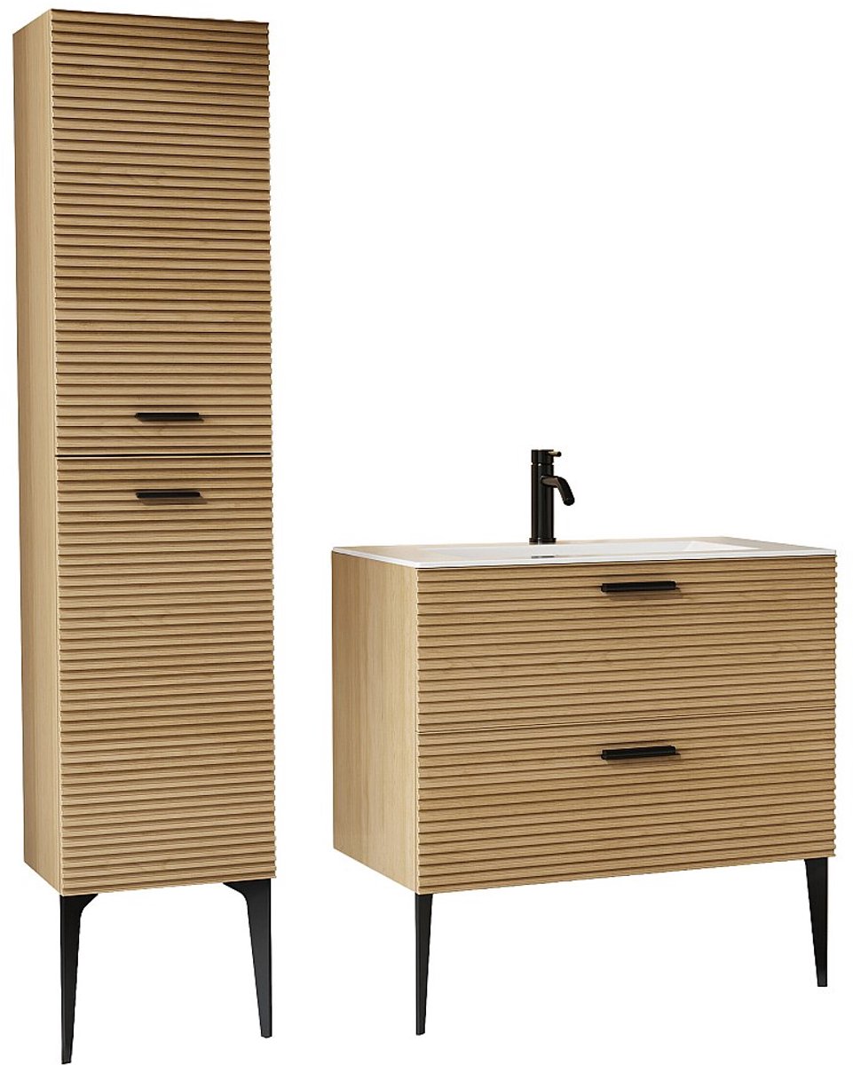 Vente-unique Gestreepte badkamermeubel op poten met inbouwwastafel, kraan en kast - 2 laden - Licht naturel - 80 cm - SARONE