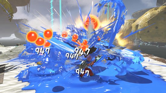 Een explosie van blauwe inkt met oranje bollen en cijfers die een personage raken.