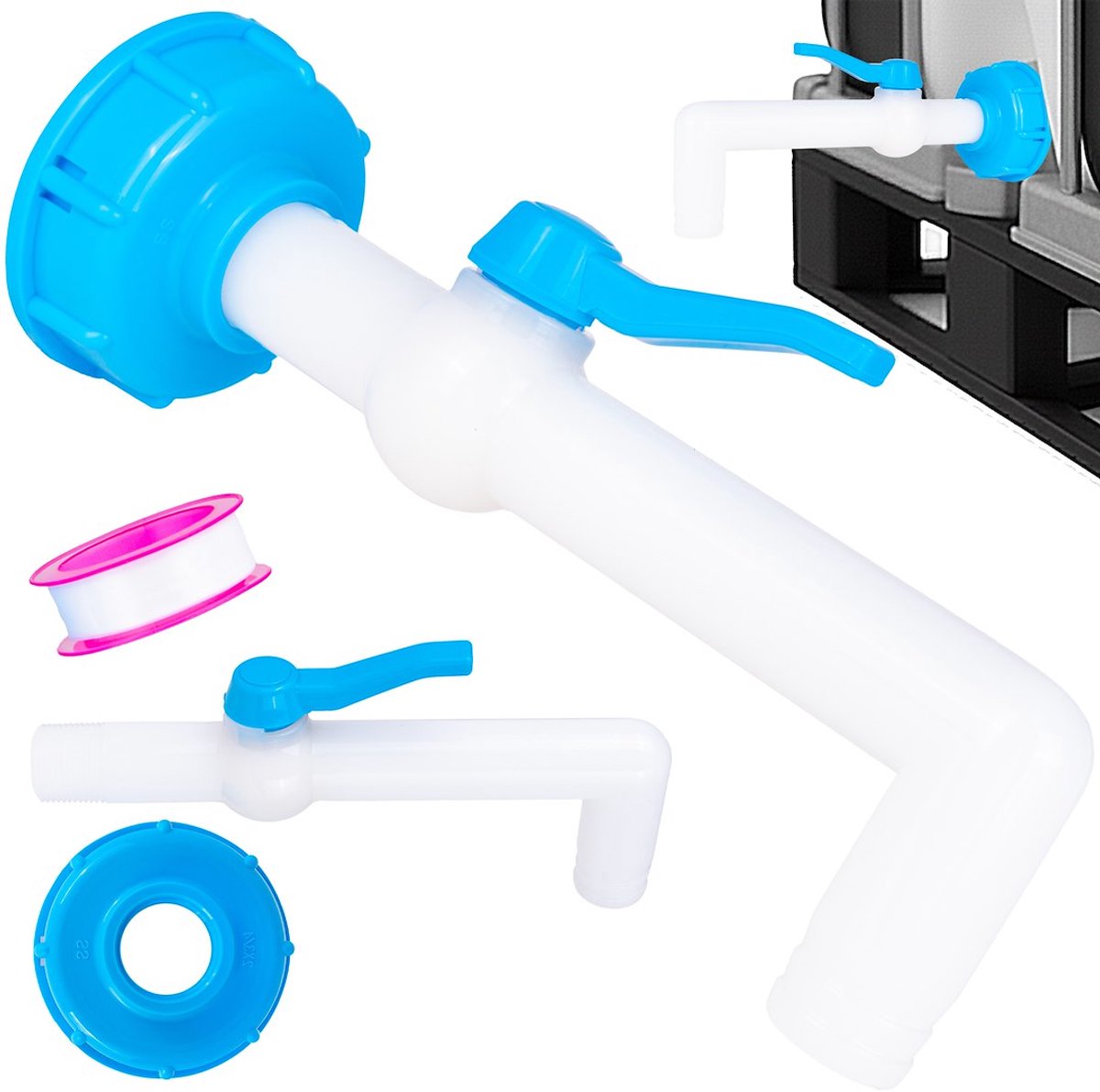 Garronda IBC slangkraan set S60x6 - 25 mm slangaansluiting - 90° kogelkraan - voor IBC-tank en Mauser - kunststof afvoerkraan - met PTFE afdichtingstape - GD-0218