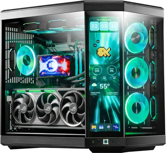 Gaming PC met verlichte ventilatoren, RGB-verlichting, drie GPU's en een ingebouwd touchscreen met weersinformatie.