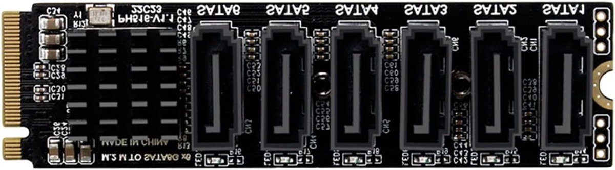NVME naar SATA Adapter M.2 Converter met 6 Poorten en Aluminium Koeler, Ondersteunt PM Functie en Snelle Gegevensoverdracht