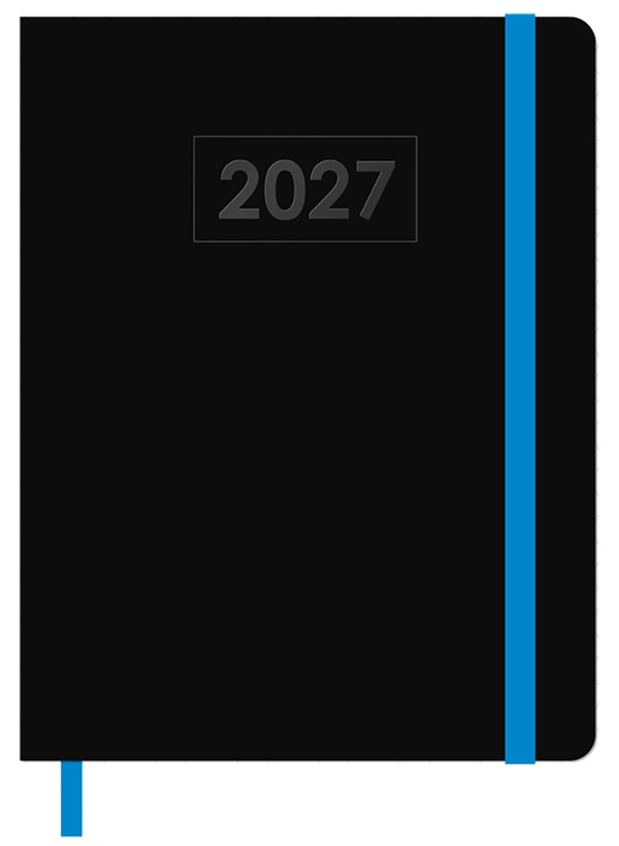 MGPcards - A5+ Agenda 2027 - Sluiting Elastiek - Weekoverzicht 1w/2p - Zwart + Blauw elastiek - Ruime vakken - 19.5 x 24.5 cm
