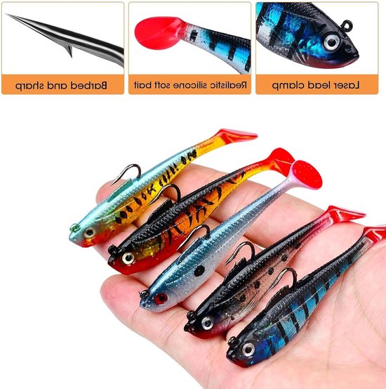 Set van 5 Gummi Vissers met Jigkoppen - Zachte Aas voor Roofvissen zoals Snoek, Baars en Forel (8cm) - Ideaal voor Zoet- en Zoutwatervisserij — afbeelding 5
