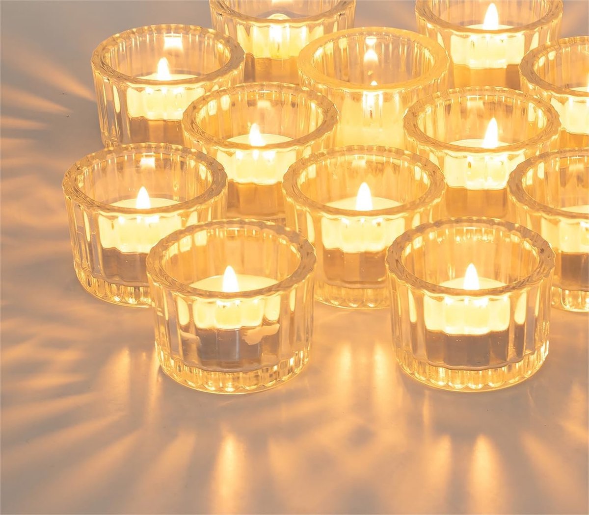 Tealight Holder 12 Pcs - Ribbed Tealight Candle Holders Votive Bulk Elegant for Living Room Candlelight Dinner Table Birthday Parties Tabletop Centrepiece