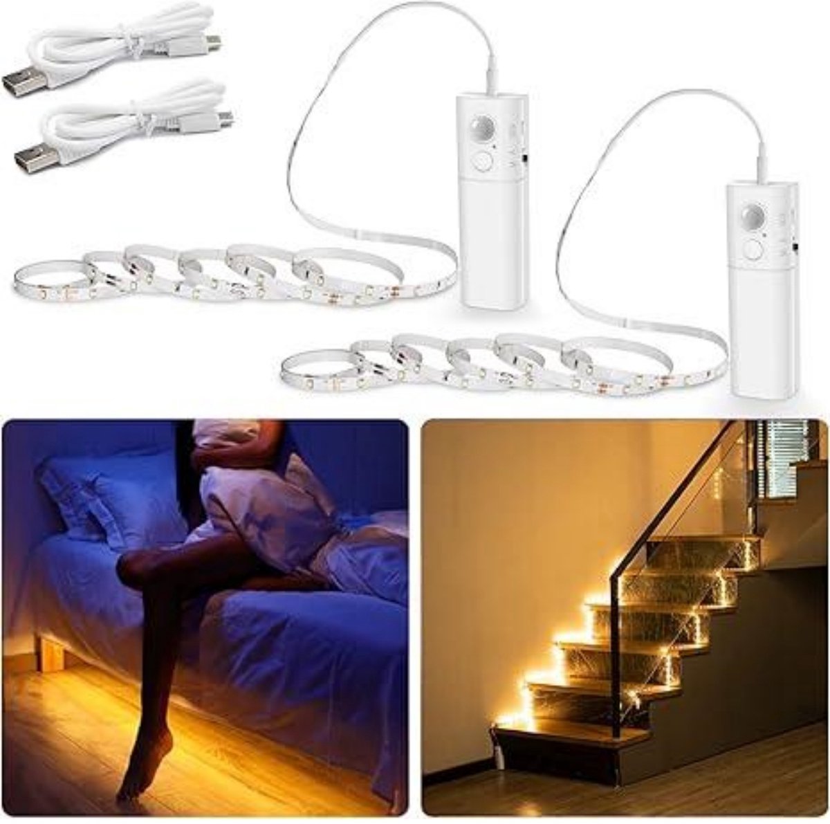 GELLDG 2 Stuks - LED-strips - Bewegingssensor Verlichting - 2x2m Batterijgevoede Warmwitte Lampen - Geschikt voor Kast, Trap en Bed - Kunststof - Incl. Montagemateriaal