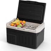 Zwarte en crèmekleurige koelbox met deksel open, gevuld met fruit en blikjes.