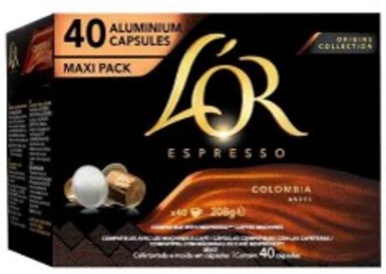 Doos met 40 L'OR Espresso Colombia aluminium cups, maxi pack.