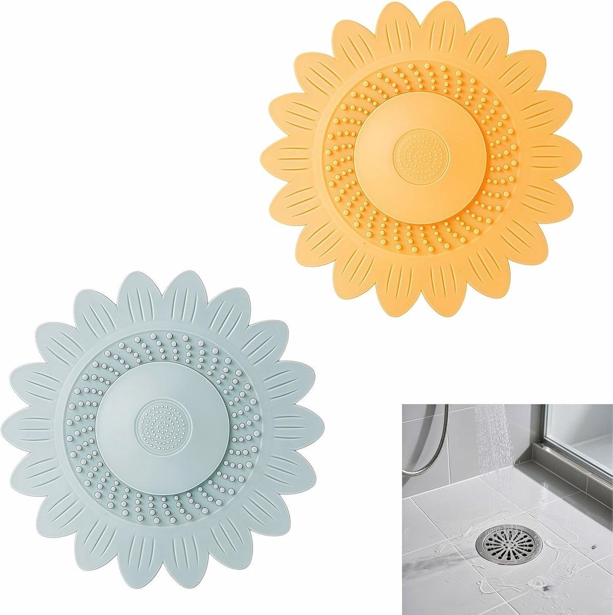 Zonnebloem-afvoerdeksel van siliconen – 2-pack haarvanger voor douche, bad en wastafel – Bloemvormige badstop – Antislip siliconen zeef voor keuken, badkamer en wasruimte