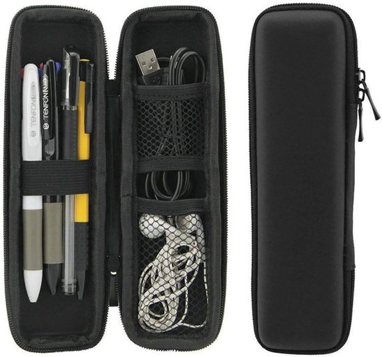 Étui noir contenant stylos, écouteurs et câble USB. L'étui est noir à l'extérieur et doté de compartiments à l'intérieur.