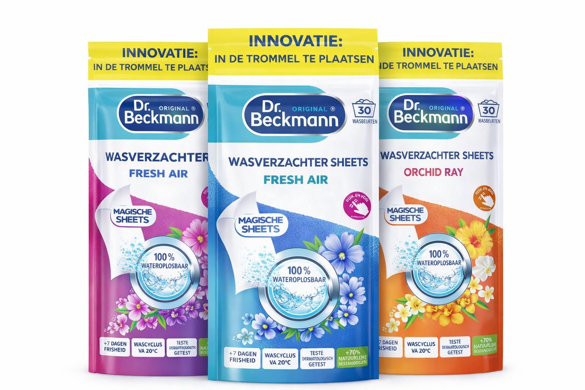 Dr. Beckmann Magic Sheets Wasverzachter – Voordeelverpakking 3 Geuren – Fresh Air, Rose Bloom & Orchid Ray – 90 Wasbeurten – Wasstrips – Zachte Was & Anti Statisch