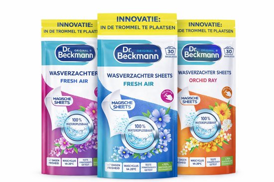 Dr. Beckmann Magic Sheets Wasverzachter – Voordeelverpakking 3 Geuren – Fresh Air, Rose Bloom & Orchid Ray – 90 Wasbeurten – Wasstrips – Zachte Was & Anti Statisch