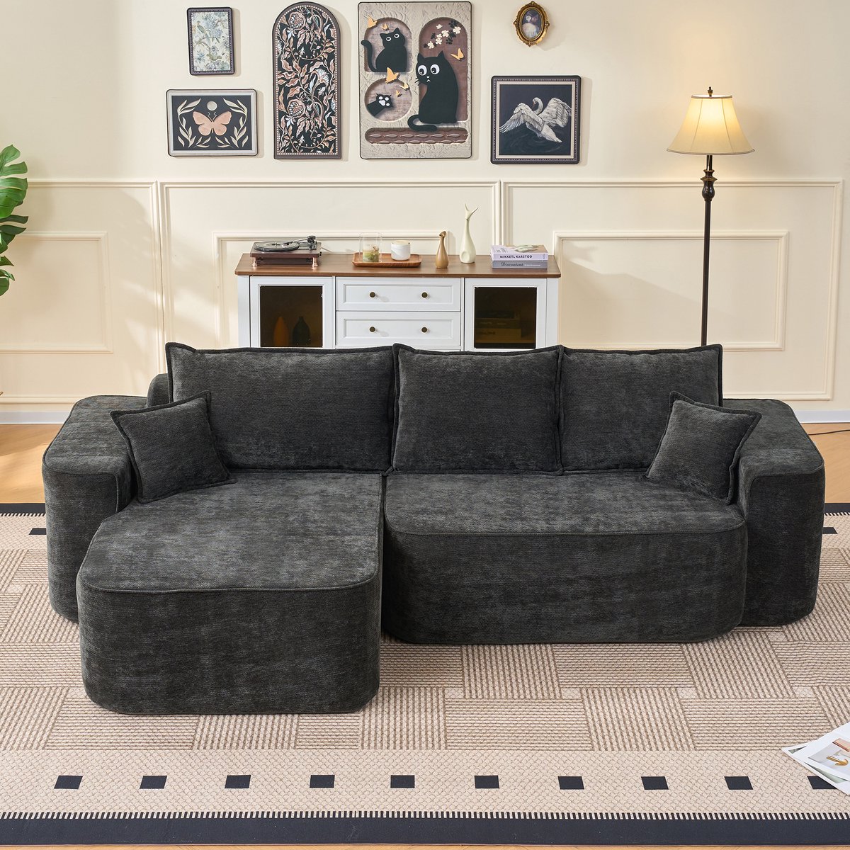 FloraGrace Hoekbank 264 cm - Modulair Met Chaise Longue En Extra Diepe Zitting - Voor Woonkamer - Chenille - Zwart
