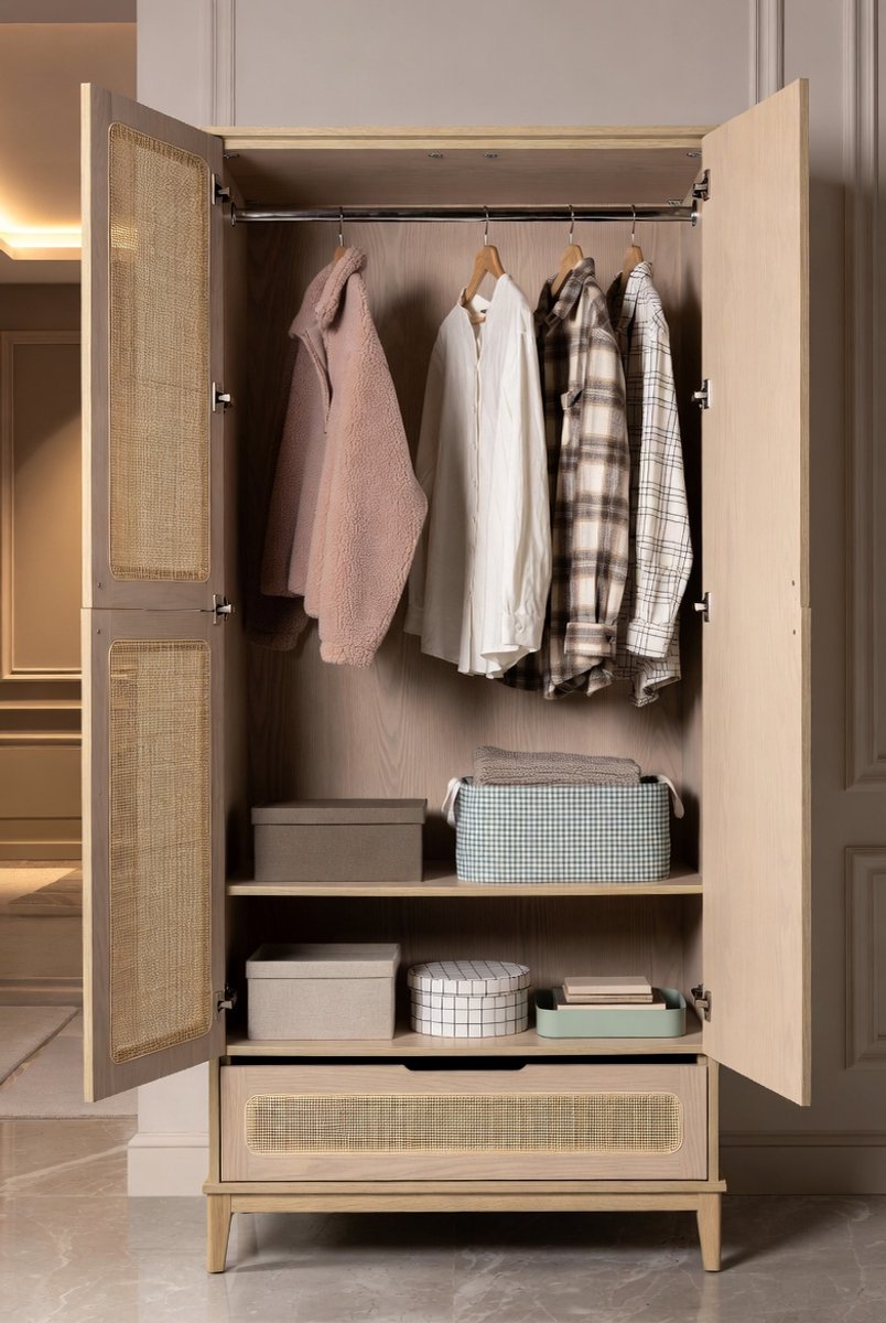 Rotan Kledingkast 2-Deurs met Kledingstang en Extra Opbergruimte – Naturel Slaapkamerkast van Spaanplaat & PE Rotan – Smalle Garderobekast met Flip-Top Onderopslag – 90x45x183 cm Mobili Bella