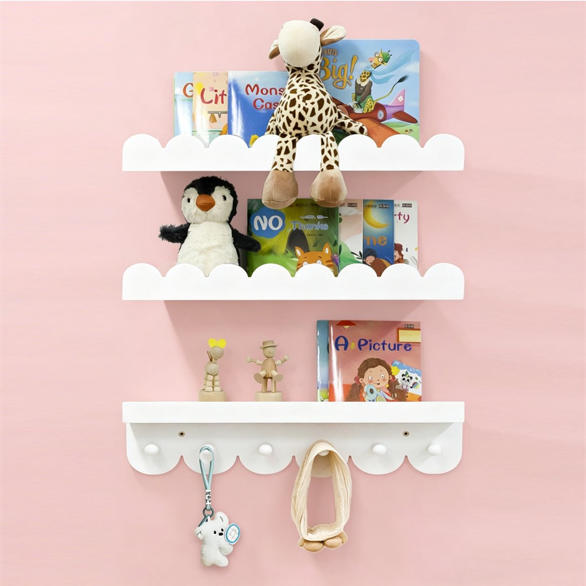 Zwevende Wandplank Hout 3 stuks - Wandplank kinderkamer met haken - 40 cm golvende rand boekenrek - Babykamer decoratie voor boeken, planten, speelgoed en fotolijstjes - Wit