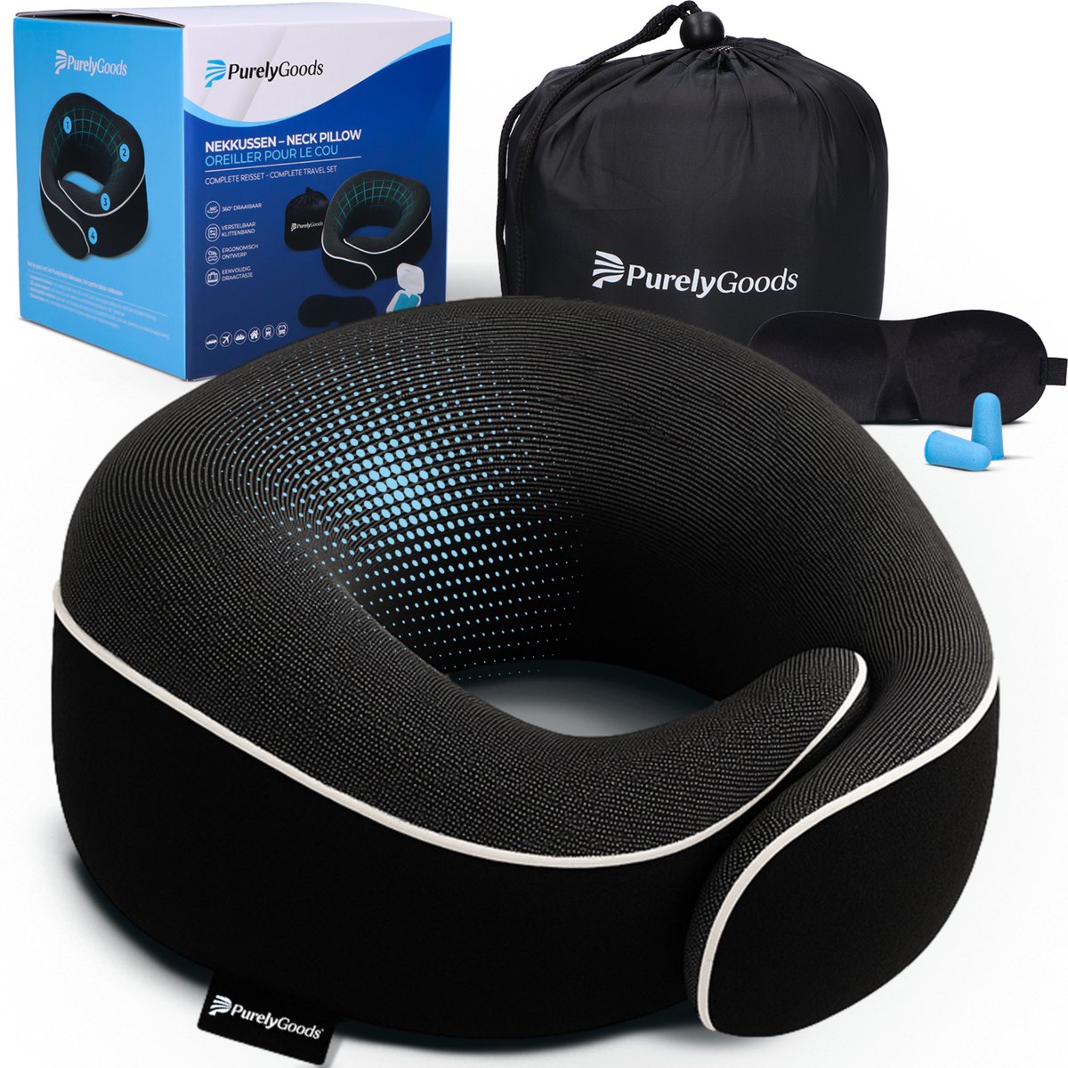 Bol.com PurelyGoods® Nekkussen Set - Reiskussen - Vliegtuig & Auto - Memory Foam - Zwart aanbieding