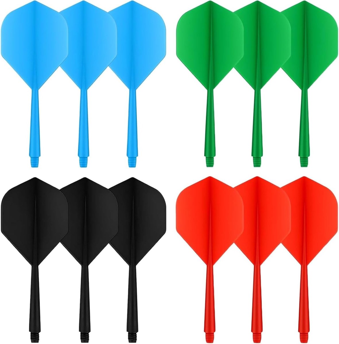 Set van 12 Dart Flights met 75mm Schachten - Kleurenset in Blauw, Rood, Zwart en Groen - Ideaal voor Dartspel en Accessoires met 2BA Draad