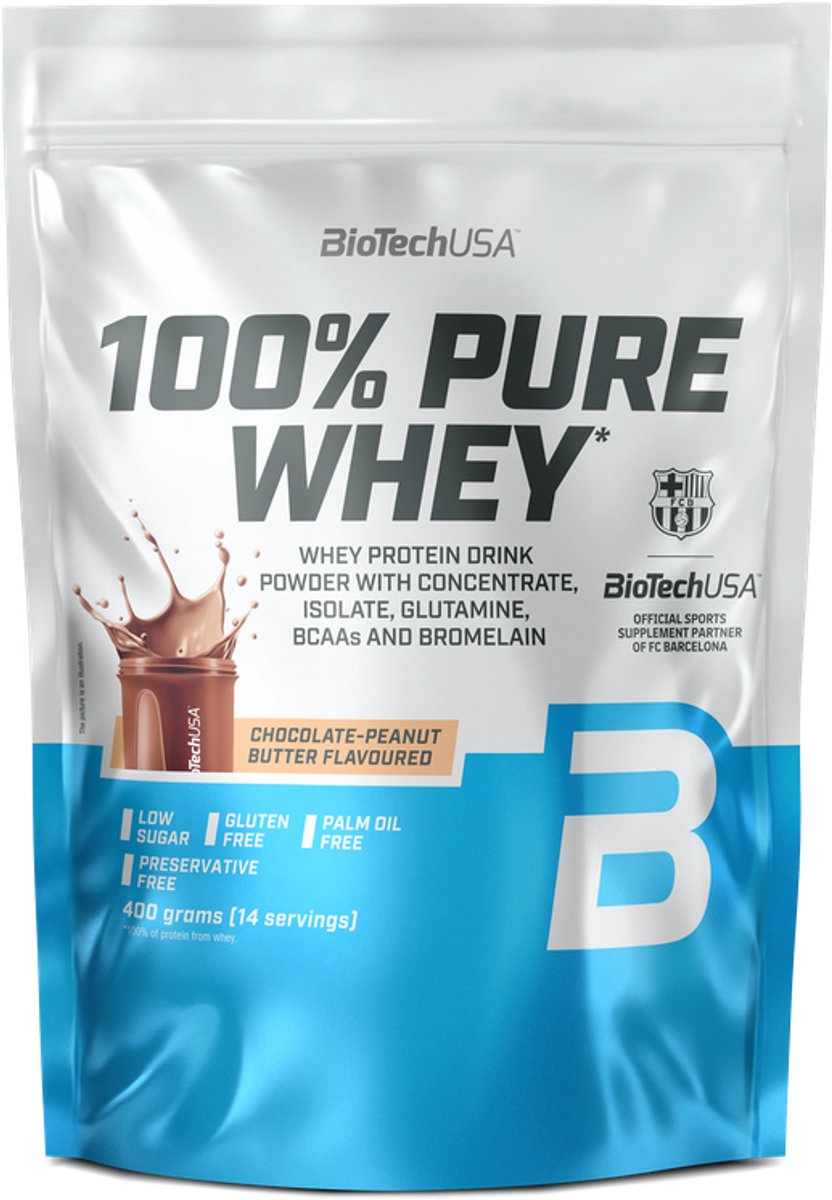 BioTechUSA 100% Pure Whey | Eiwitpoeder met BCAA en Glutamine | Glutenvrij, Palmolievrij | 21g Eiwit per portie, 400 g, Chocolade-Pindakaas