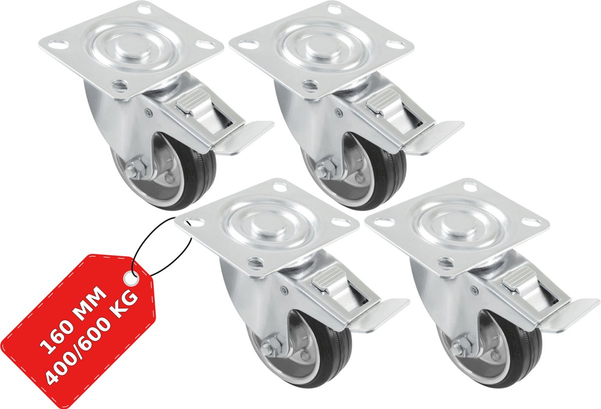 AMIG Zwenkwielen Met Rem 160mm Set van 4 - 600kg Rubber Transportwiel Rollager