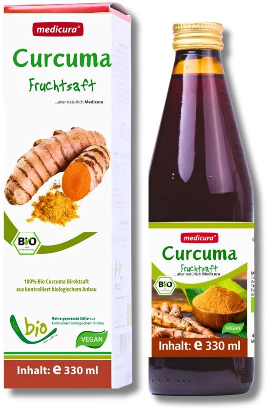 Medicura Curcuma vruchtensap, 330ml. Op de doos en fles staat een afbeelding van kurkumawortel en kurkumapoeder.