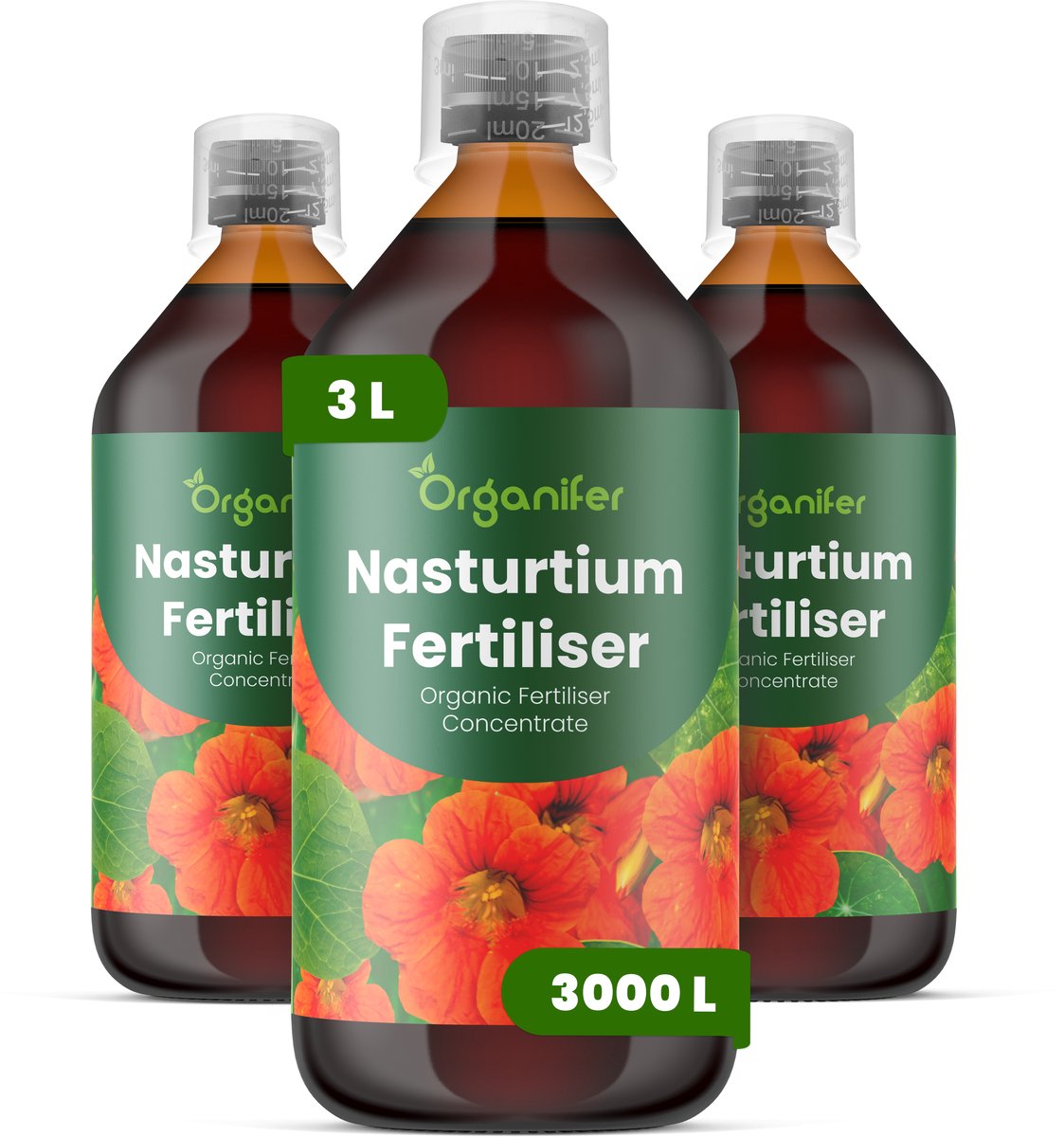 Vloeibare Meststof Voor Oost-Indische Kers 3X1 L Voor 3000 L - Npk 2-1-8 - Ondersteunt Overvloedige En Continue Bloei Bij Alle Oost-Indische Kers Variëteiten - Verbetert Bloemkleurintensiteit En Bloembladkwaliteit Dankzij Kaliumgehalte - Organifer