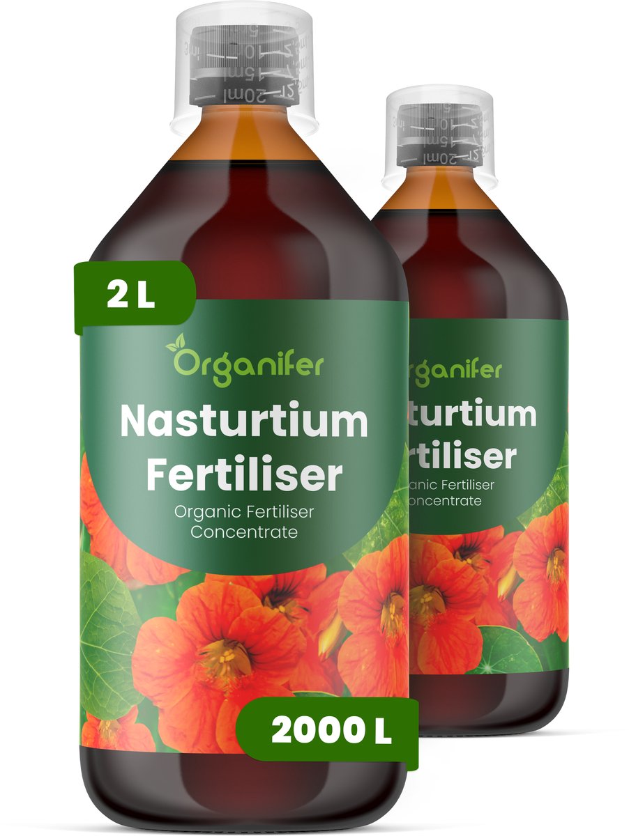 Vloeibare Meststof Voor Oost-Indische Kers 2X1 L Voor 2000 L - Npk 2-1-8 - Ondersteunt Overvloedige En Continue Bloei Bij Alle Oost-Indische Kers Variëteiten - Verbetert Bloemkleurintensiteit En Bloembladkwaliteit Dankzij Kaliumgehalte - Organifer