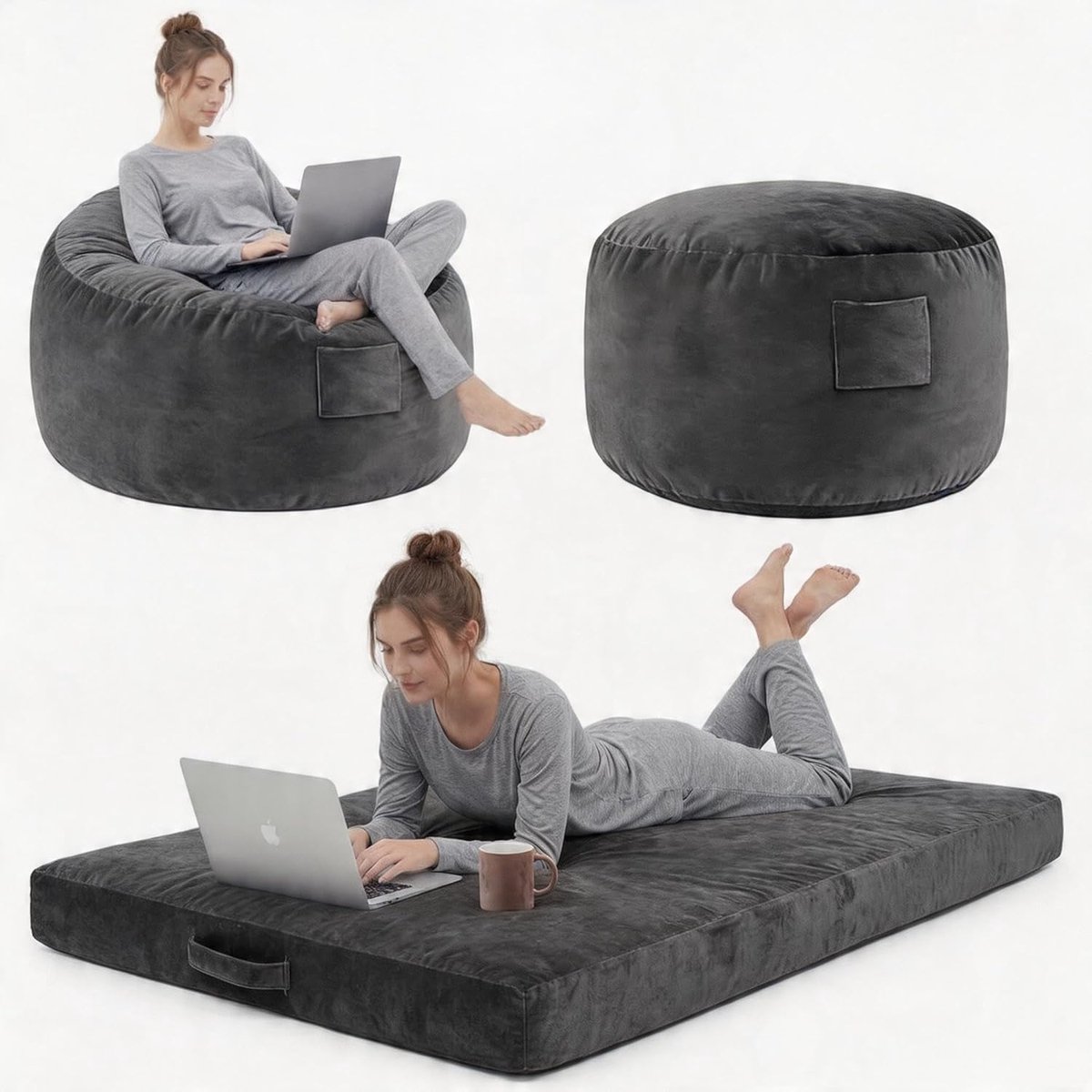 Grote 4-in-1 Omvormbare Zitzak & Loungebed - Met Traagschuim Vulling en Wasbare Hoes - Zacht Flanel - 112x112 cm
