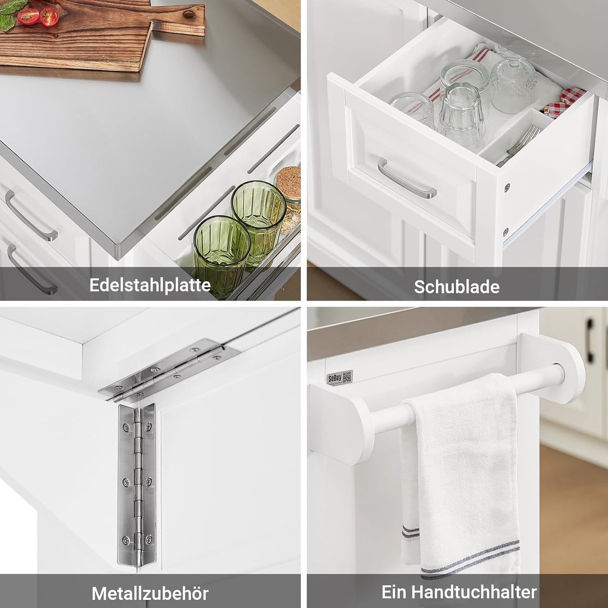 Keukeneiland op wielen met uitschuifbaar werkblad – Keukentrolley met 2 laden en kast – Roestvrijstalen werkblad – Mobiele serveerwagen/barwagen voor keuken en eetkamer 130 cm – Wit – abtkantoor