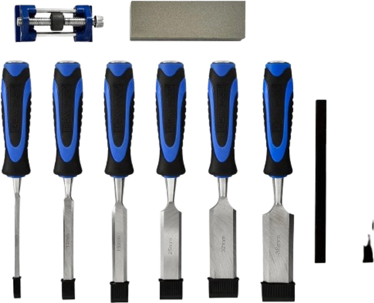 Cellista Houtbeitelset 10-delig - Houtbeitels Set - Beitel Gereedschap - CR-V Staal - Inclusief Slijpsteen en Hoongeleider - 6-38 mm