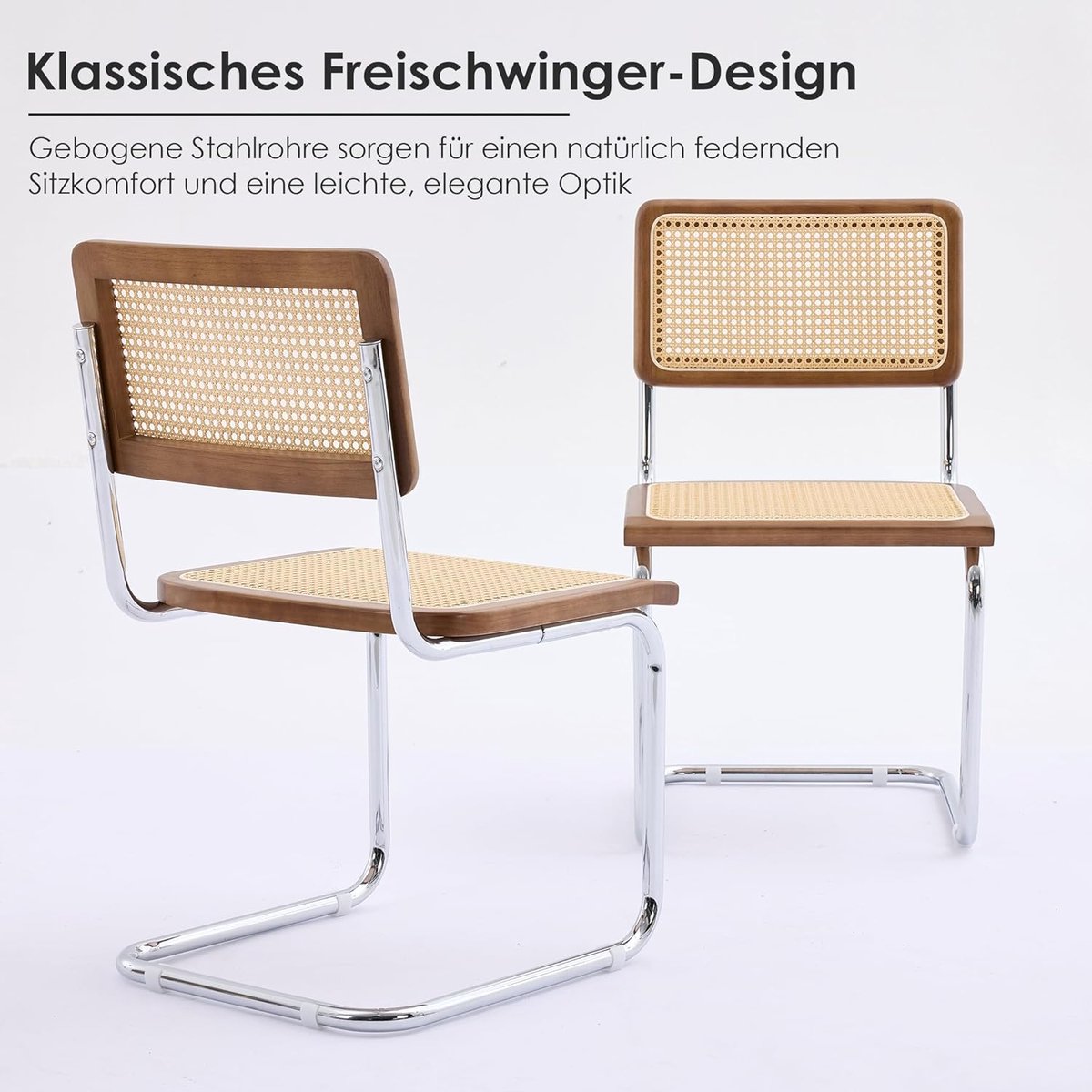 Eetkamerstoelen set van 2 – Cantilever stoelen met rotan zitting en walnoot houten frame – Retro Bauhaus design – Moderne keukenstoelen zonder armleuningen – Meuble Paris