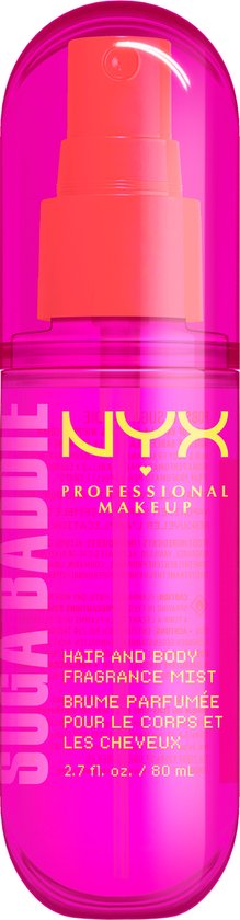 NYX Professional Makeup haar- en lichaamsmistspray, 'Suga Baddie', in een felroze fles met neonoranje spuitdop en dop.