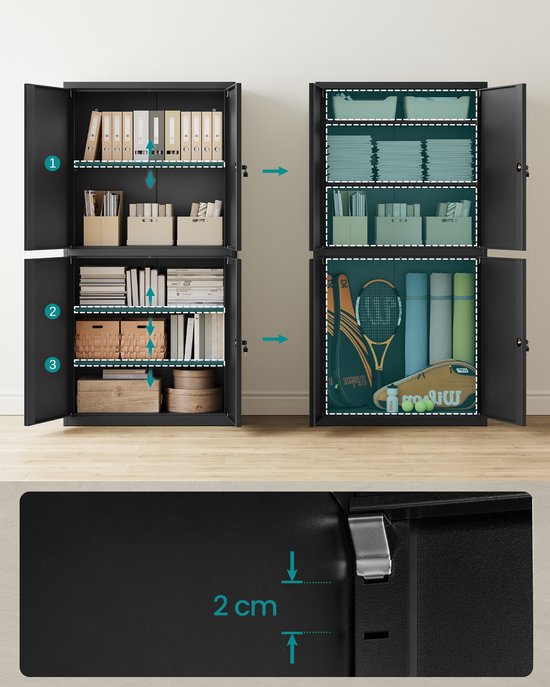 Zwarte metalen archiefkast met 4 deuren, toont configuraties voor kantoormateriaal en sportartikelen, met afmeting van 2 cm voor deuren.