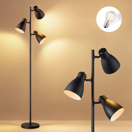 Home Sweet Home - Moderne Vloerlamp - Staande Lamp met 3 lampen - Zwart - 38.5/38.5/166.5cm - Inclusief LED E27 Lichtbron 4W 806Lm - met Voetschakelaar - voor Slaapkamers en Thuiskantoren