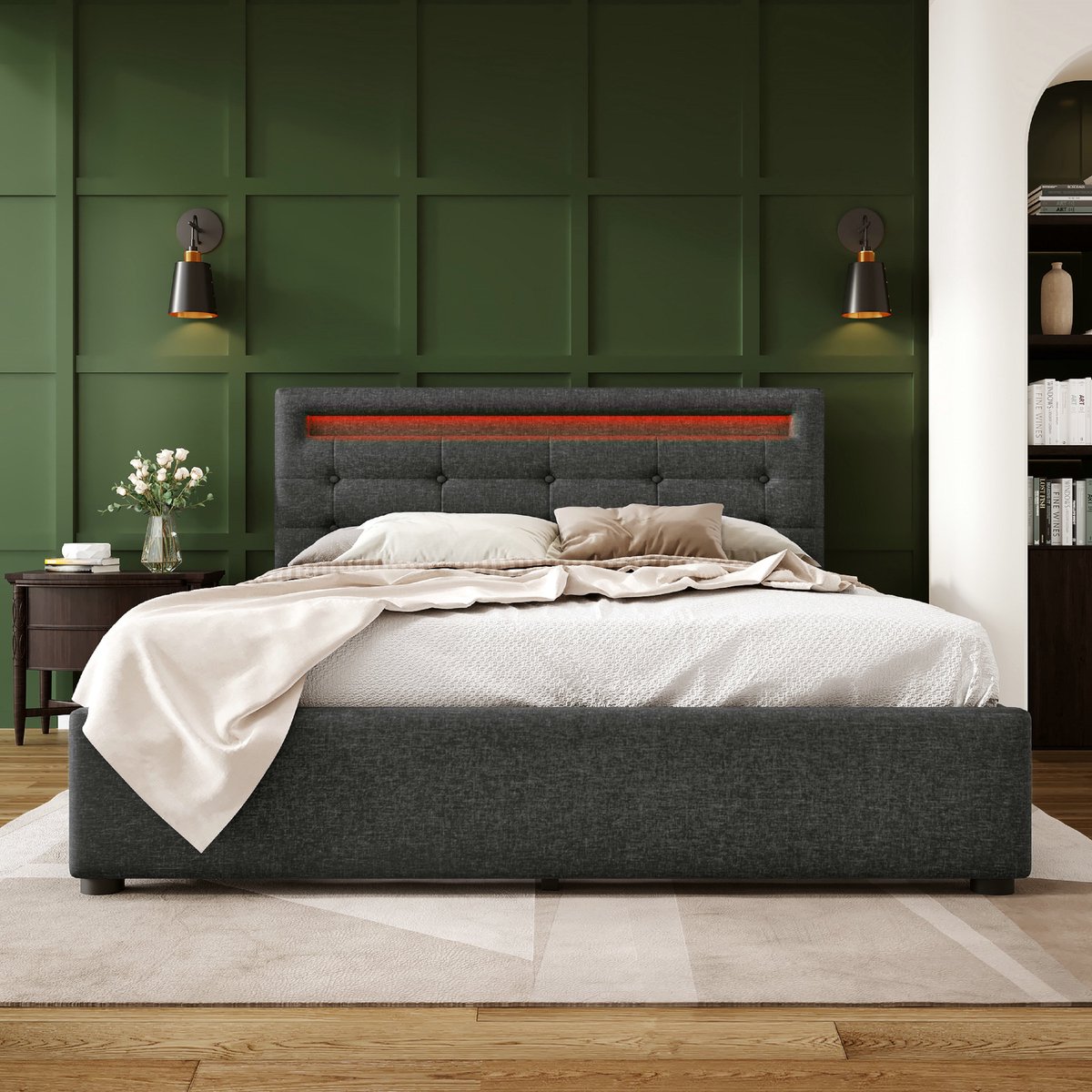 VVBV Gestoffeerd bed 140x200 / Tweepersoonsbed 140x200 – Grijs – met Lades, LED-Verlichting, Lattenbodem – 4 Lades – In Hoogte Verstelbaar Hoofdbord Grey