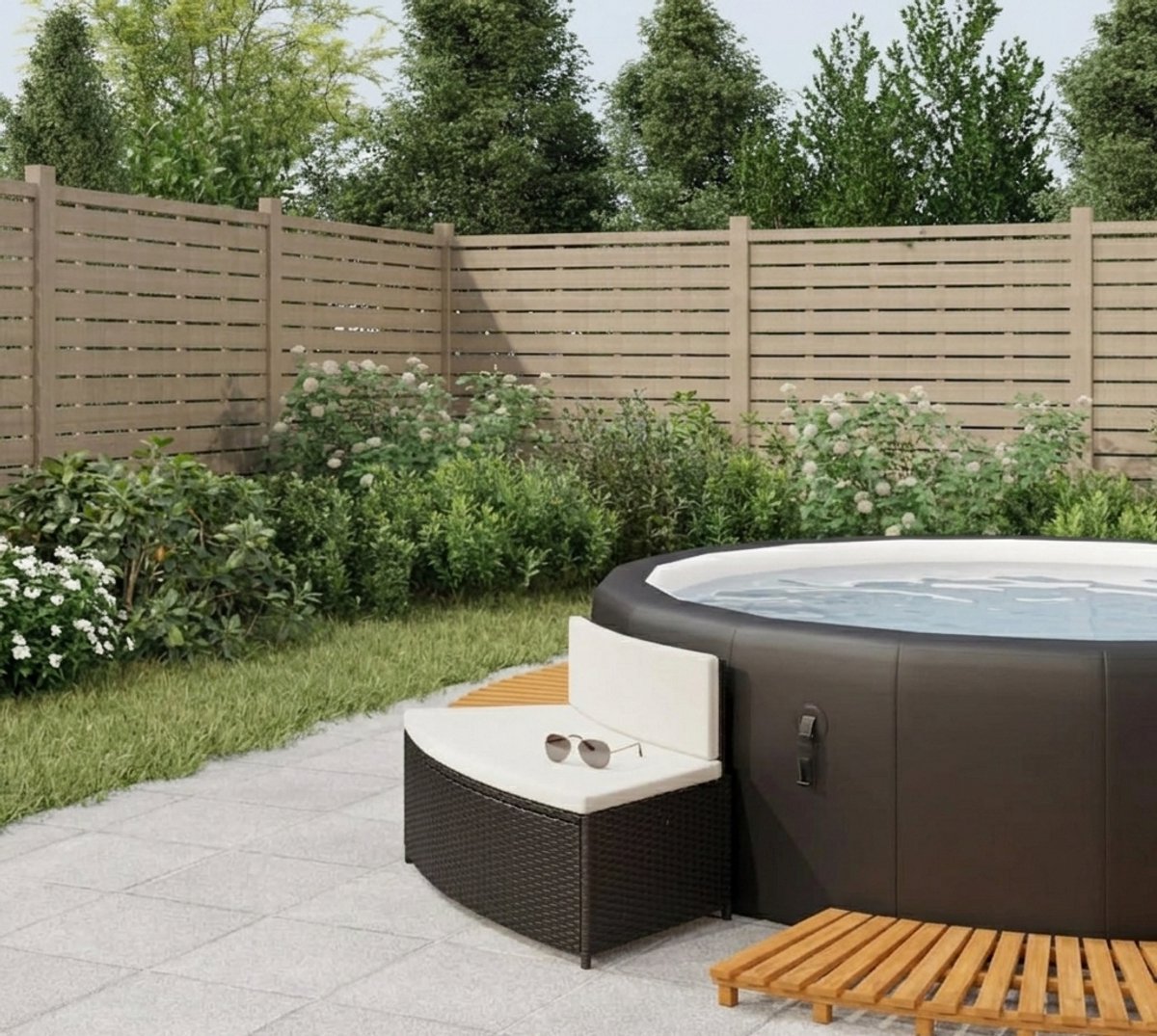 Whirlpool edging, weatherproof frame, pool cover, black, poly rattan and solid acacia wood-Mobili Bella