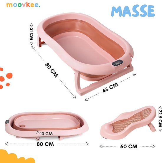 moovkee. Opvouwbaar Babybad 80 cm Donkerroze - Babybadewanne met Thermometer en Badesitz - Antislip Draagbare Babybadkuip voor 0-36 Maanden — afbeelding 5