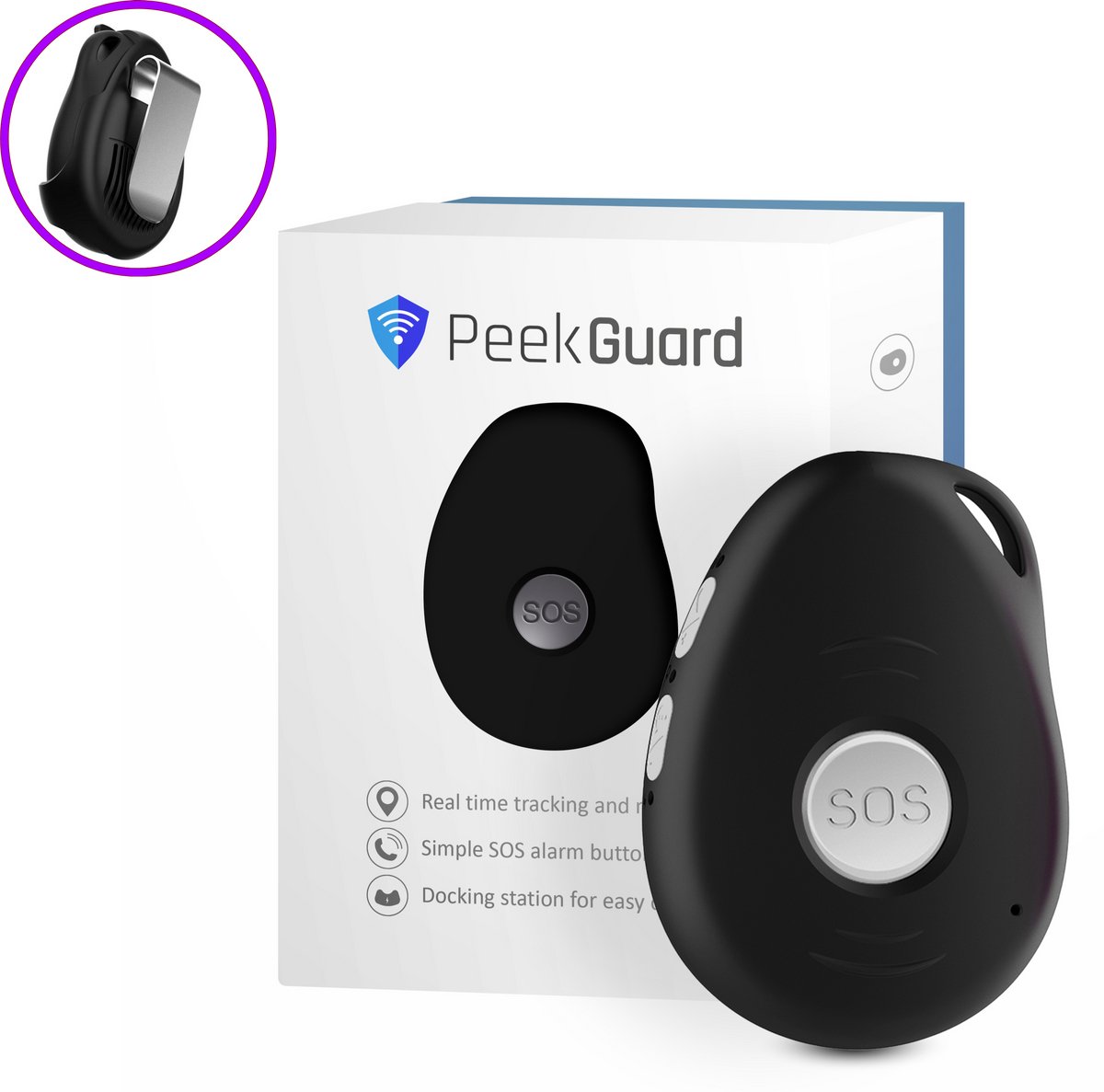 PEEKGUARD© - EVO 7S 4G Zwart - SOS Noodknop - Alarmknop voor Personen & Ouderen - GPS Tracker Senioren - SOS knop - Valdetectie - Waterdicht - Incl. Simkaart - Incl. Riemclip - Geen Abonnement