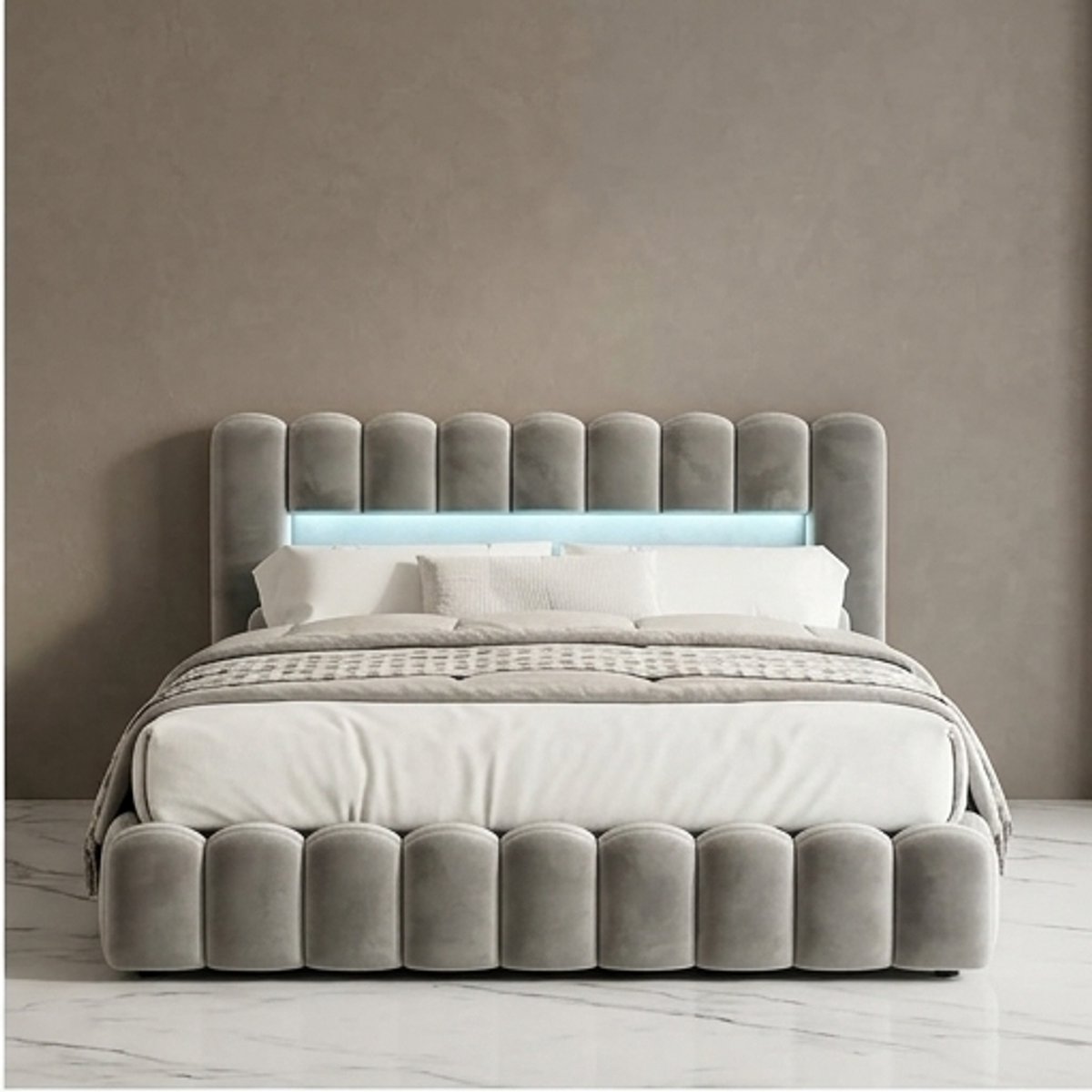 Luxe Smart Opbergbed 180x200 met RGB LED, USB, Lattenbodem en Pneumatische Opbergruimte - Gestoffeerd Tweepersoons Bed Beige - Mobili Bella