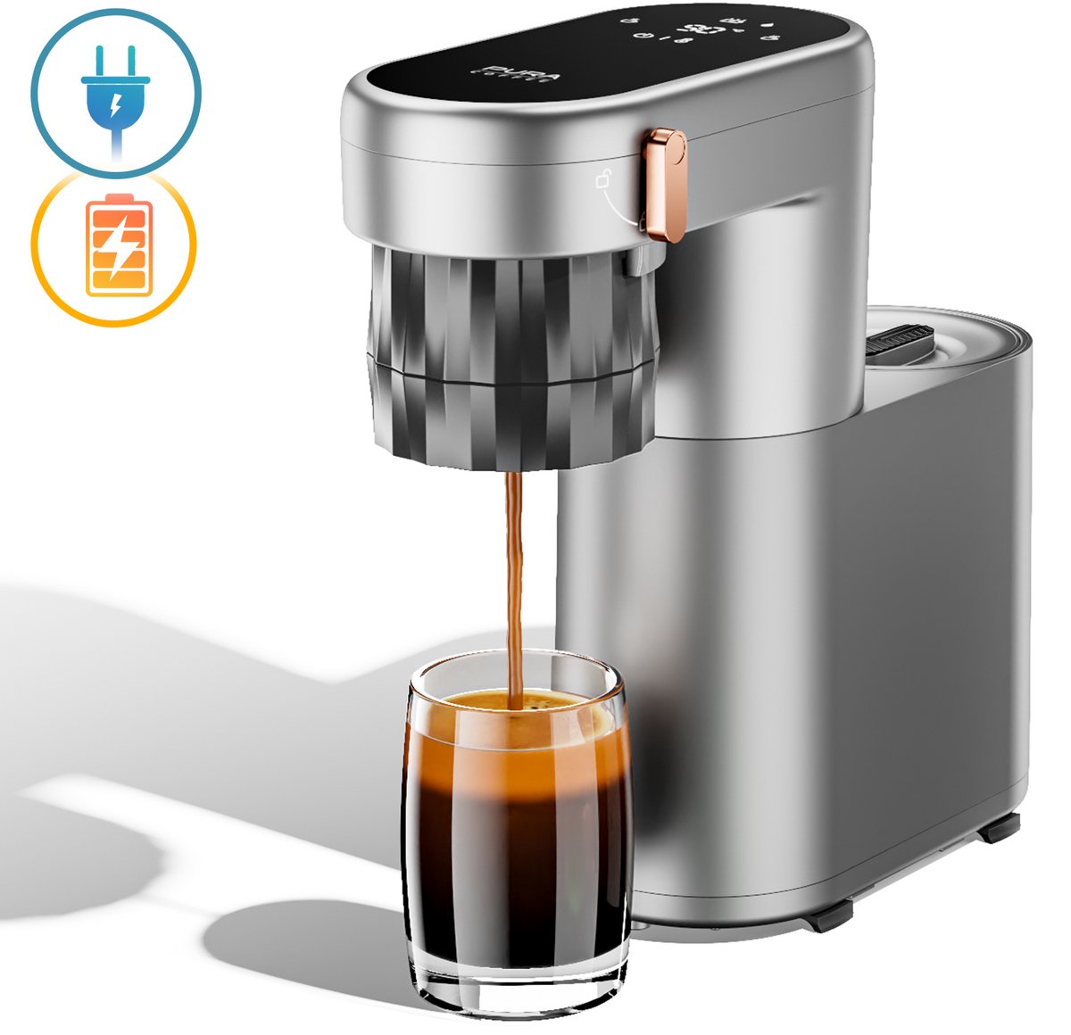 Pura Coffee C1 Mini Espressomachine - 3 Seconden Verwarming - 20Bar - Draagbaar & Oplaadbaar - Eénknopsbediening - Geschikt voor Koffiepoeder