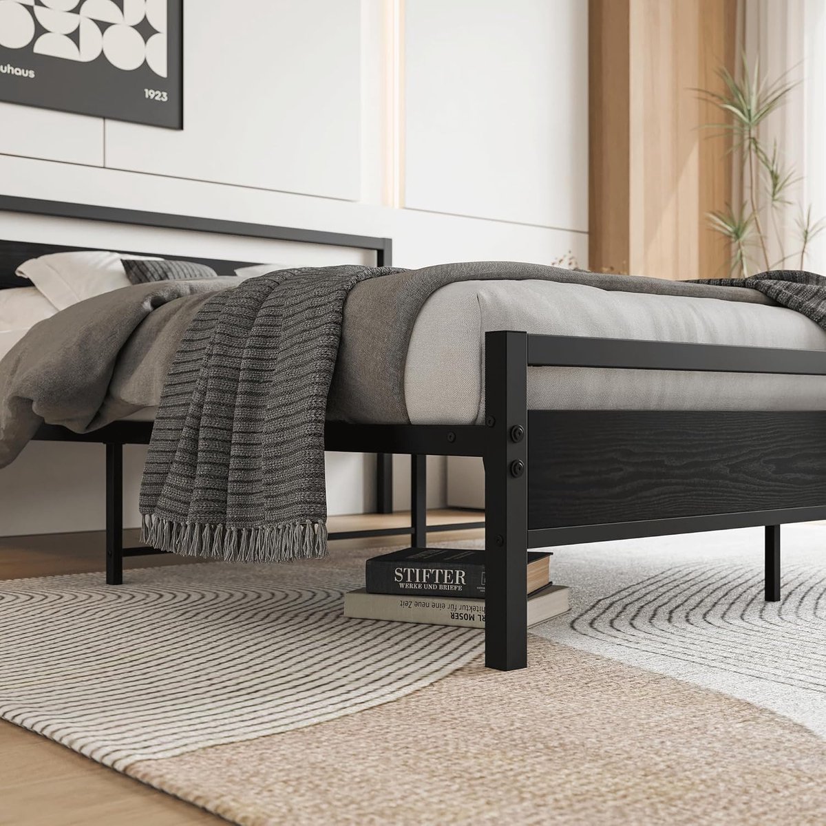 Industrieel Metalen Tweepersoons Bedframe 140x200 cm met Hoofdbord en Lattenbodem – Stabiel, Geluidsvrij, Onderbed Opbergruimte, Zwart