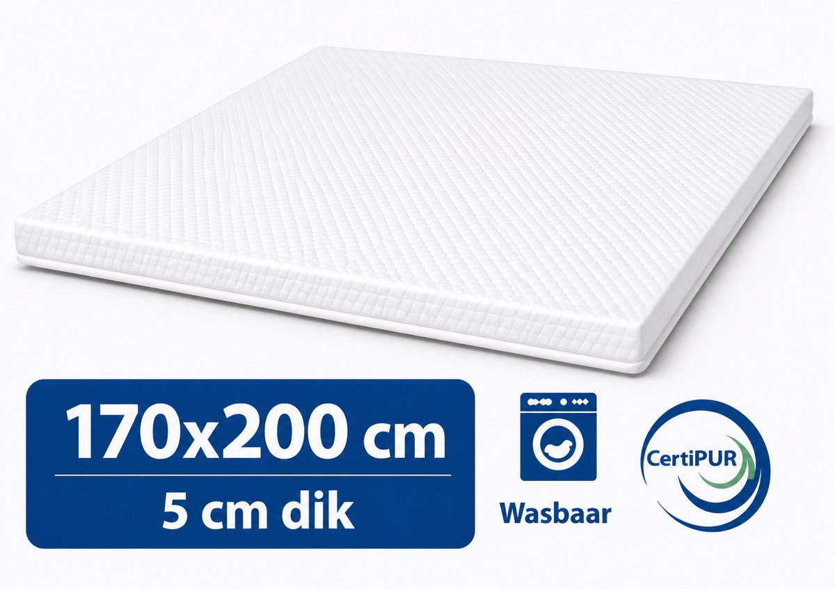 kikishop Topdekmatras 170x200 – 5 cm HR Koudschuim – Afritsbaar & Wasbaar – CertiPUR® Gecertificeerd – Medium Hardheid – Comfort Matrastopper wit
