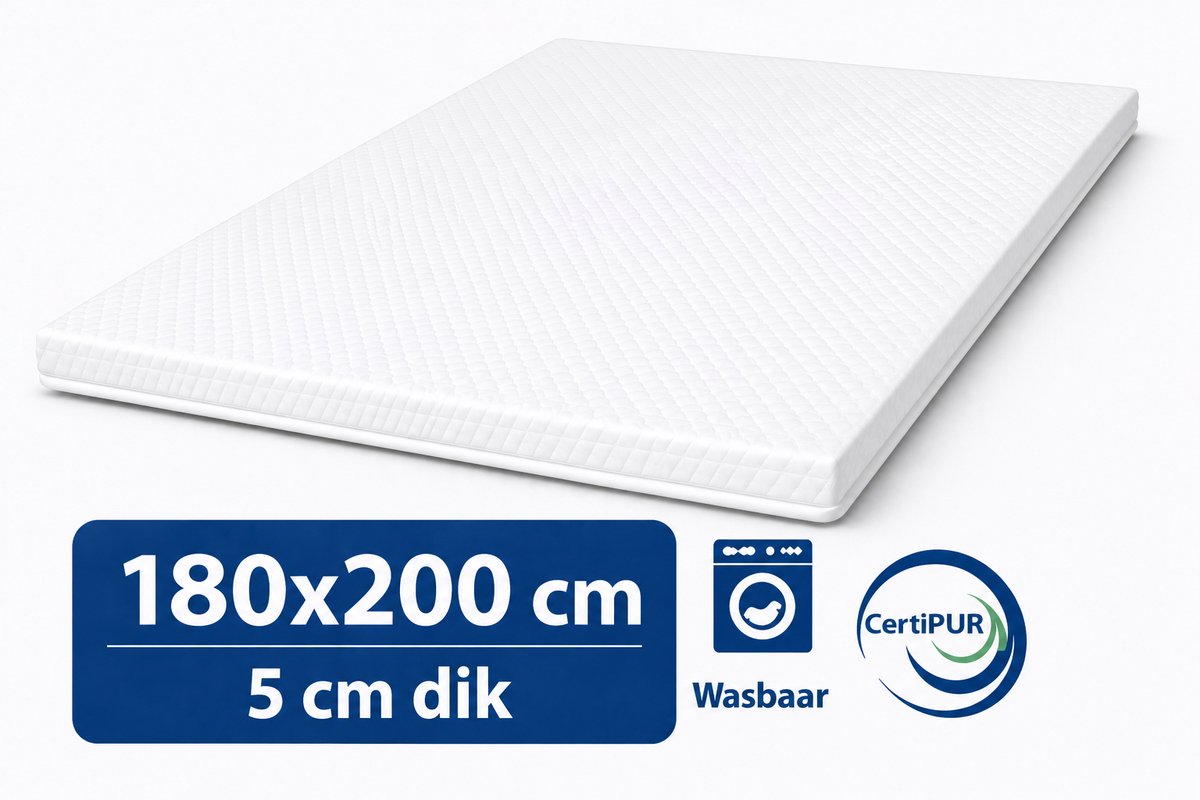 Kikishop Topdekmatras 180x200 – 5 cm HR Koudschuim – Afritsbaar & Wasbaar – CertiPUR® Gecertificeerd – Medium Hardheid – Comfort Matrastopper