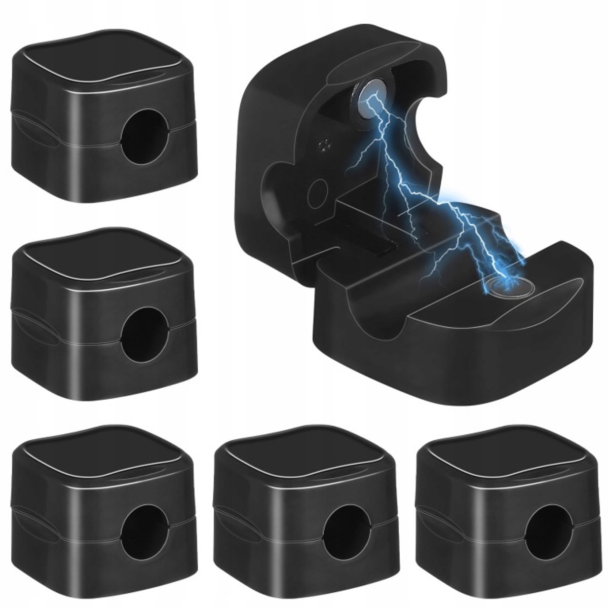 Set van 6 magnetische kabelorganizers, zwart, praktisch en compact.