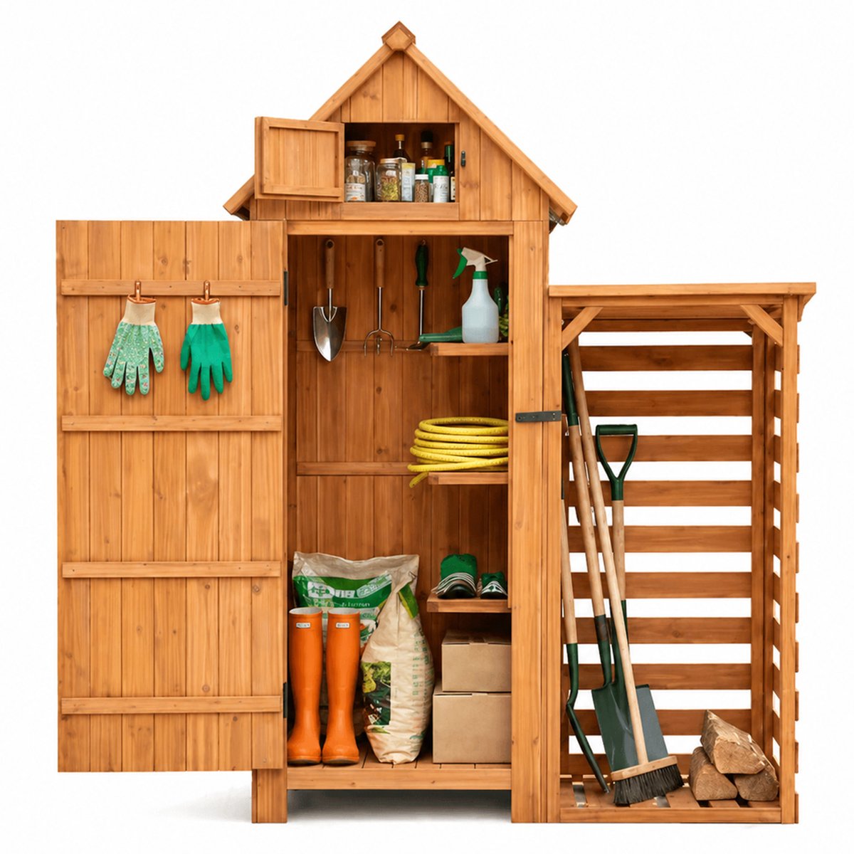 HOMAVO Houten Tuinschuur met Haardhoutrek - Tuinhuis - Tuinkast - UV-Bescherming Zadeldak - 131 × 54.3 × 179 cm
