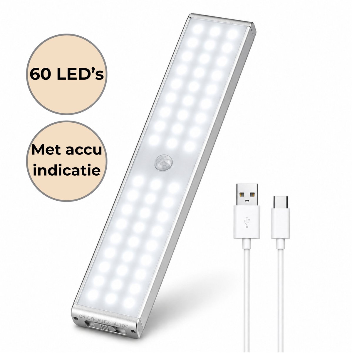 AXIMO Kastverlichting met Bewegingssensor – USB oplaadbaar en Accu indicatie - 60 LED Cool White - Keukenverlichting onderbouw - Instelbare sterkte - Draadloos