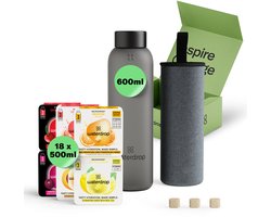 waterdrop® Starterset Glas - Black Frosted - Glazen Drinkfles 600ml + 18 Microdrink Bruistabletten – Herbruikbare Waterfles, Lekvrij, BPA-vrij, Ideaal voor Thuis, Werk, Sport, Reizen – Hydratatie Set, Cadeau Idee