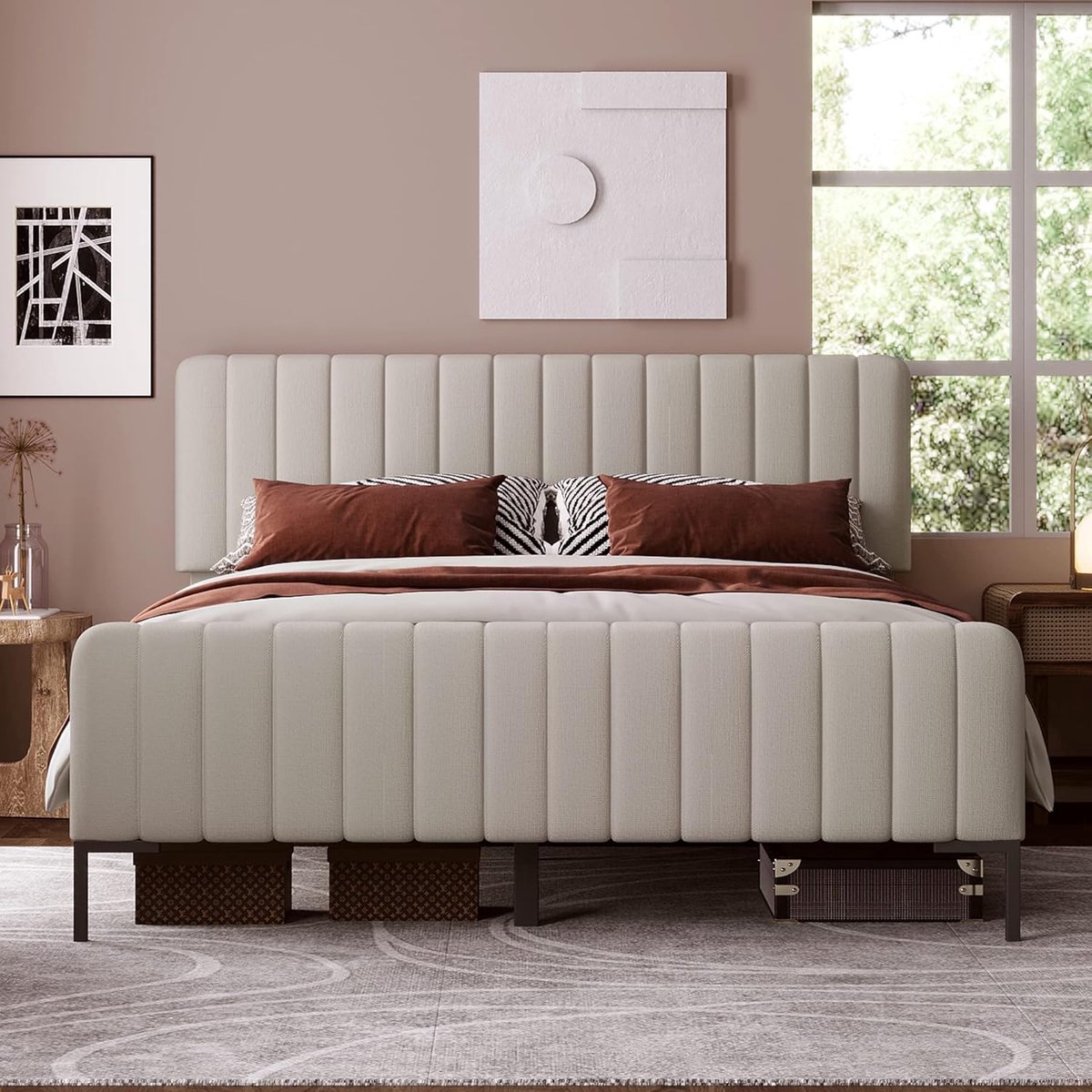 Tweepersoonsbed 180x200 cm Gestoffeerd Bed met Verstelbaar Hoofdeinde en Lattenbodem – Modern Bedframe in Linnen Look Grijs/Beige, Houten & Metalen Constructie, Comfortabel Boxspring Stijl Bed – HomebyNicole