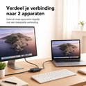Zwarte Ethernet splitter aangesloten op een monitor en laptop op een bureau. Tekst zegt: Verdeel je verbinding naar 2 apparaten.