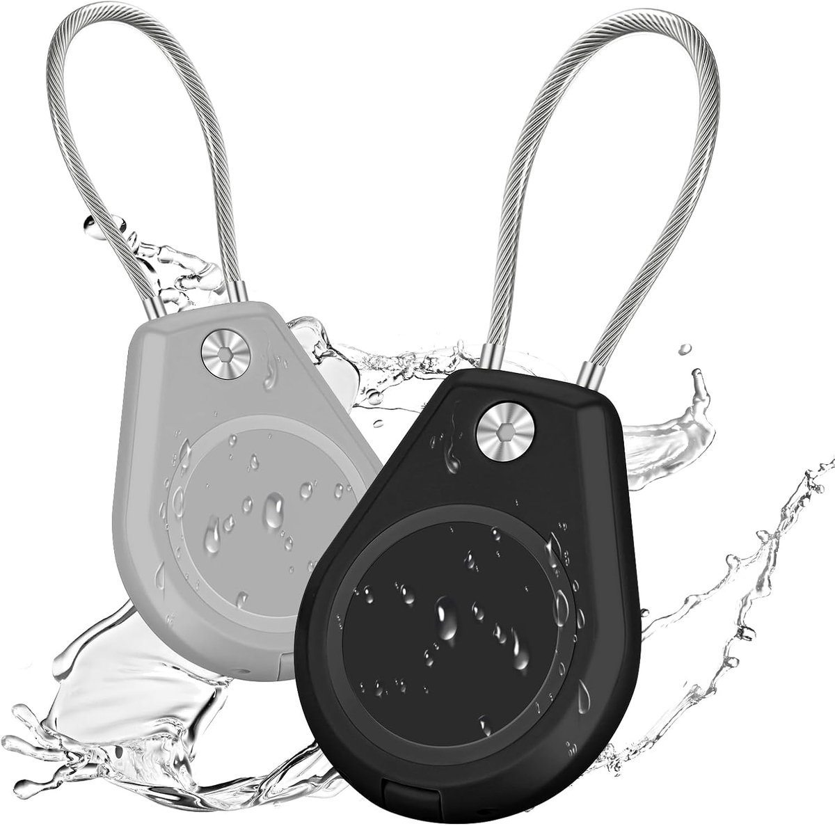 Compatibel met Apple AirTag Secure houder, beschermring met metalen kabel, Air Tag Lock Case sleutelhanger bagagedrager voor sleutels, bagage en meer (zwart + grijs)