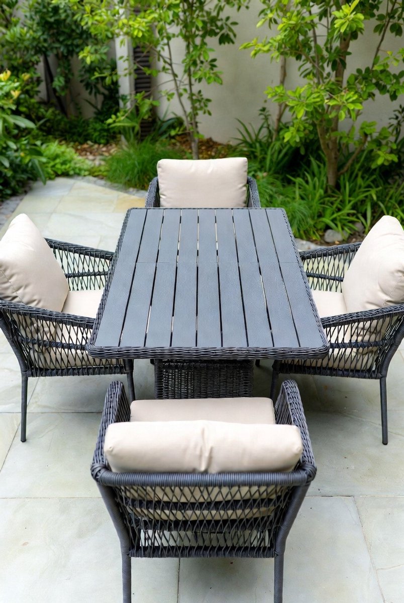 Luxe 7-delige Rotan Tuinset – 6 Persoons Tuinmeubelset met Rechthoekige Eettafel (152x96 cm) & Parasolgat 4–5 cm – Weerbestendige Polyrotan Terrasset met Stalen Frame & E-coating – Outdoor Dining Set voor Tuin & Terras – Medahomestore – foto 6